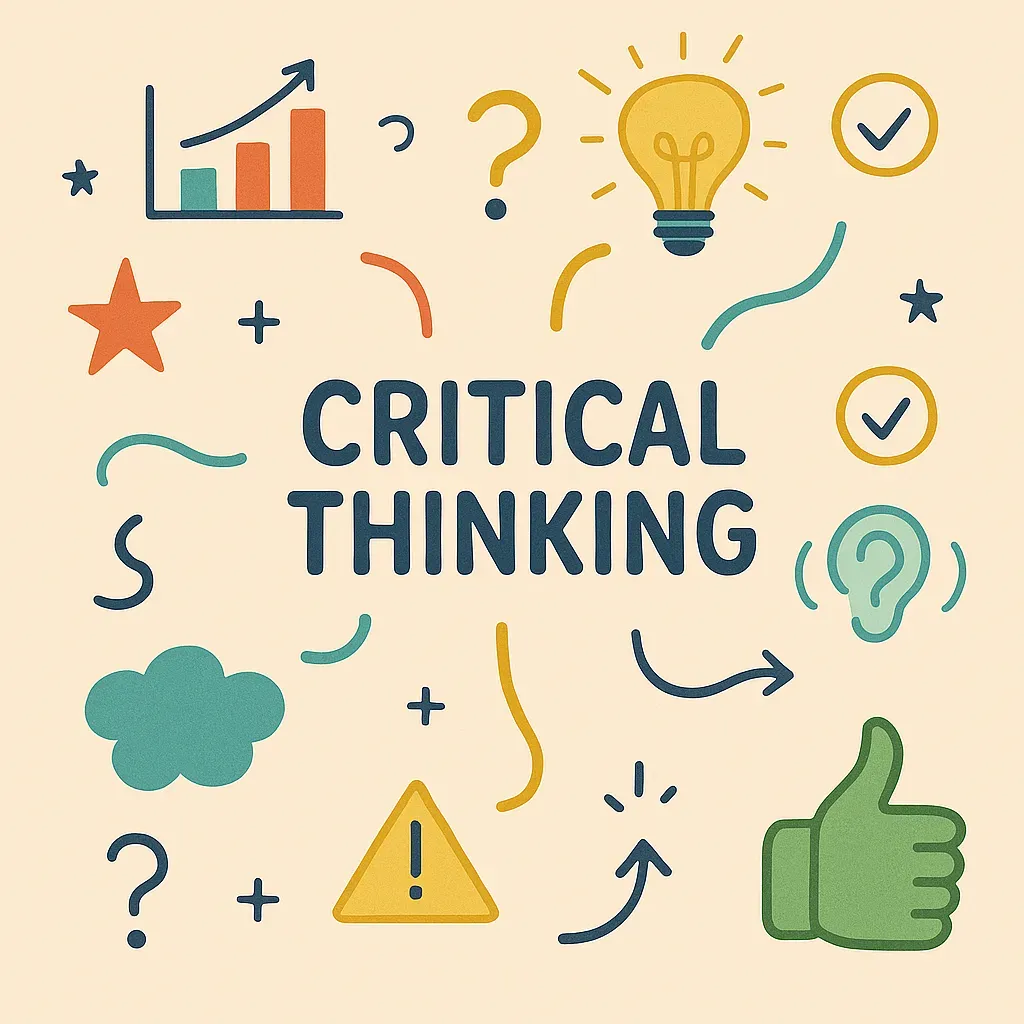 The words “Critical Thinking” surrounded by doodles of a light bulb, chart, question marks, and thumbs-up.