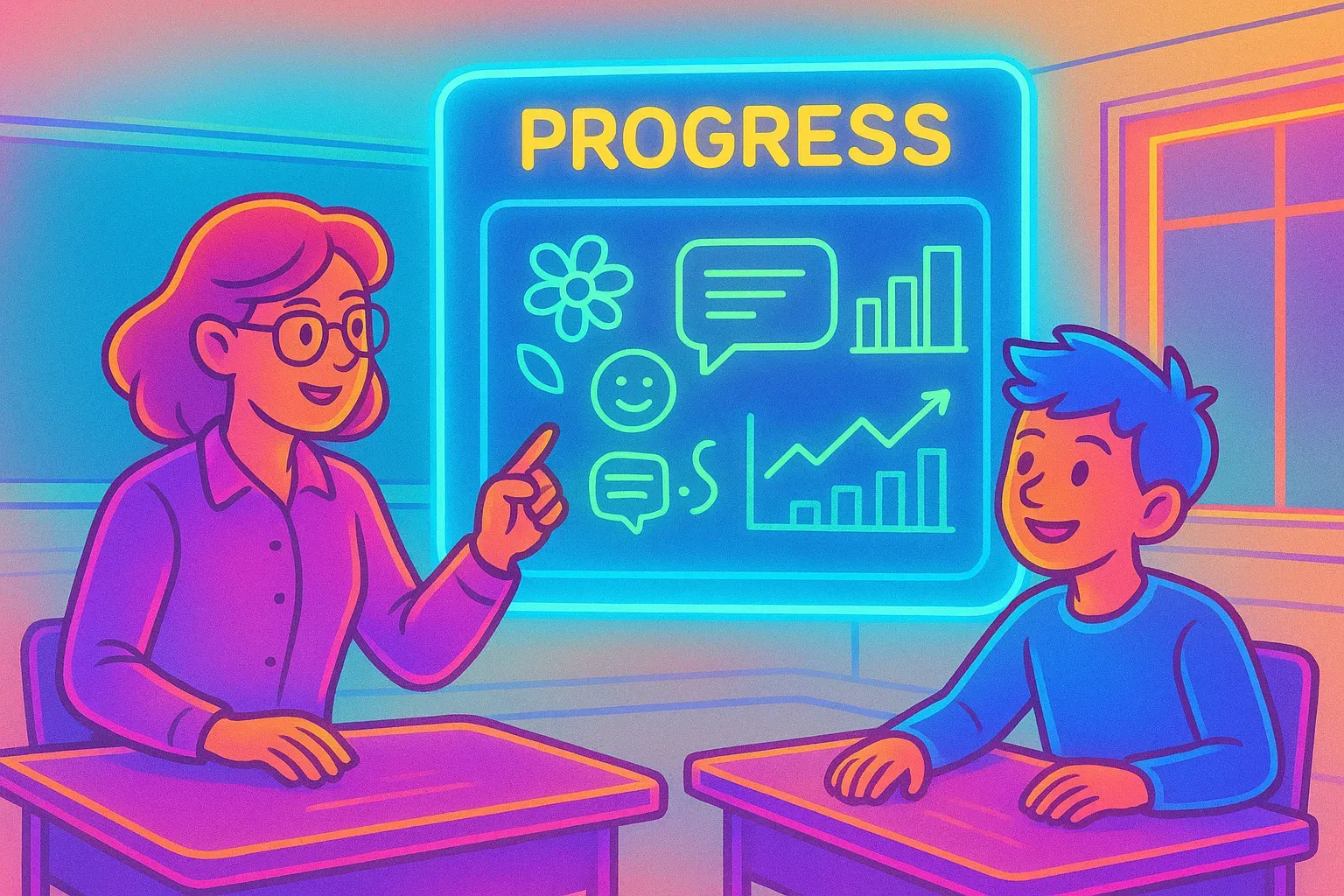 Illustration of a teacher and a student at facing desks, the teacher pointing to a glowing Progress board of charts and feedback icons.