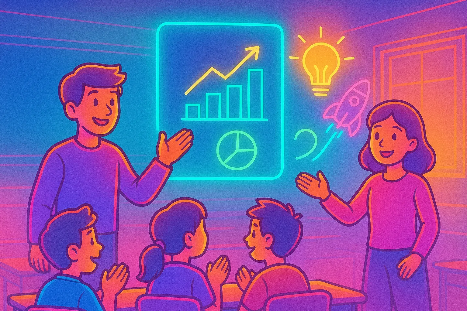 Illustration of two teachers presenting a glowing chart of rising results to applauding students, with a lightbulb and rocket nearby.