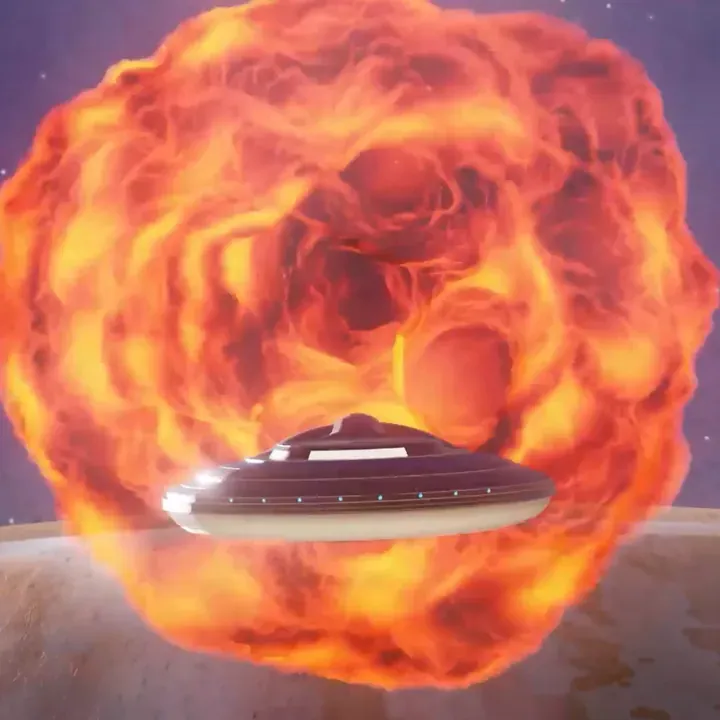 A saucer-shaped ship in front of a swirling, fiery rift in space above a planet.