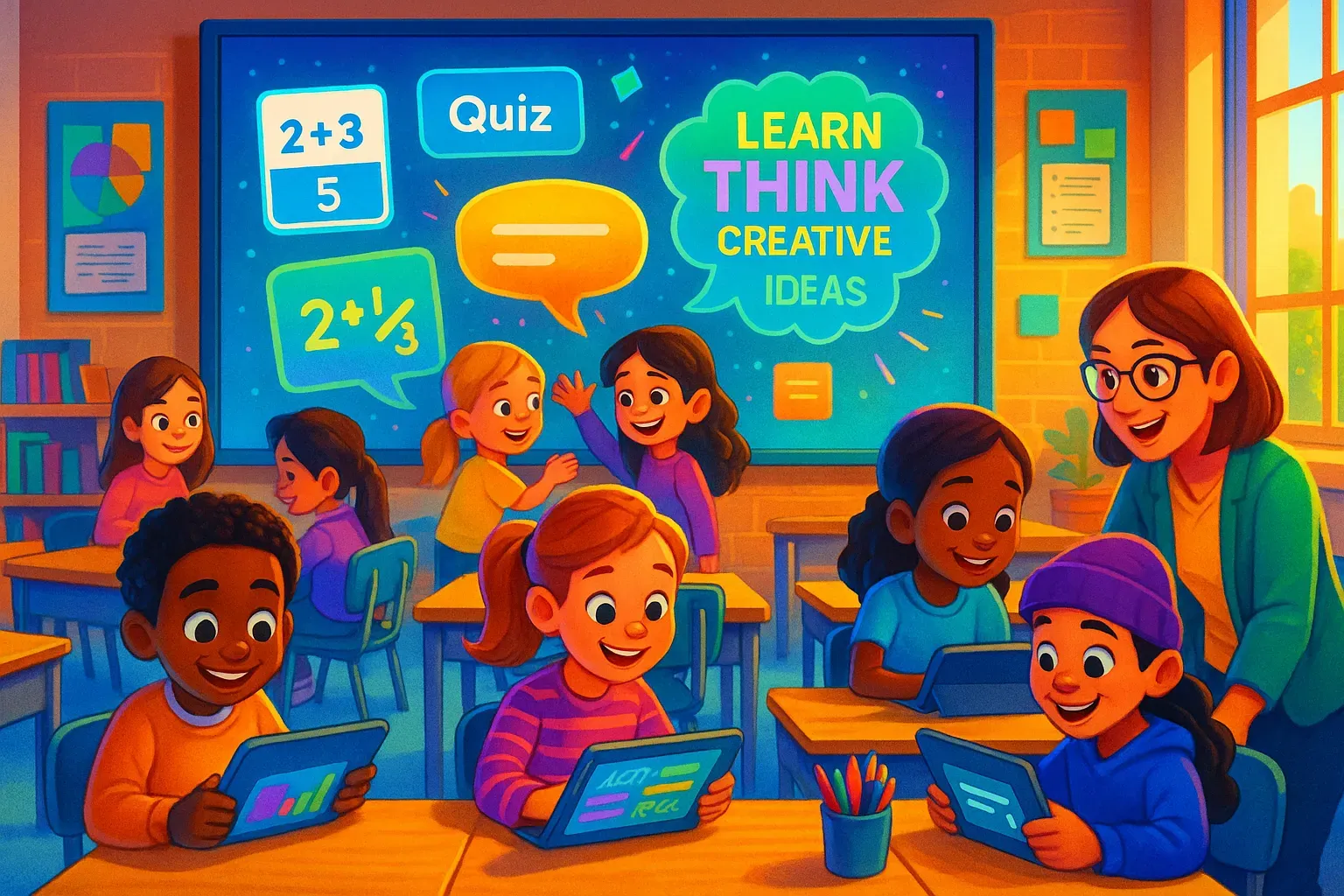 Illustration of elementary students playing a classroom quiz on tablets as their teacher leans in, the big screen showing math questions.