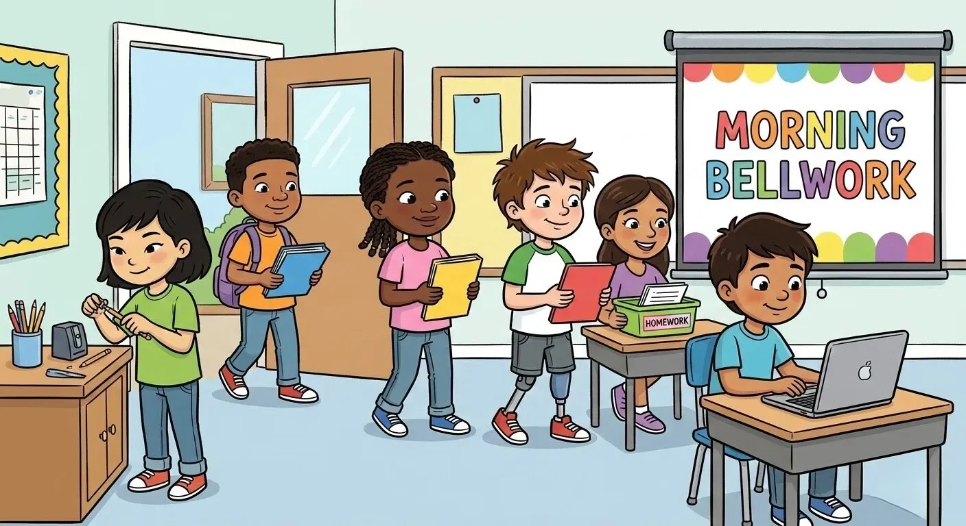 Diverse elementary students enter a classroom and follow a structured “Morning Bellwork” routine. One student uses a laptop while others turn in homework.