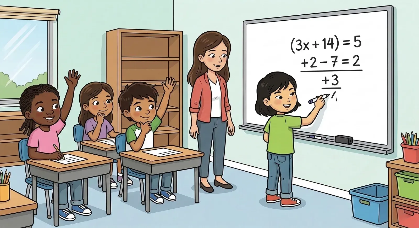 An elementary teacher observes a student solving an algebraic equation on a whiteboard while classmates participate. A clear example of formative assessment and interactive learning in a modern math classroom.