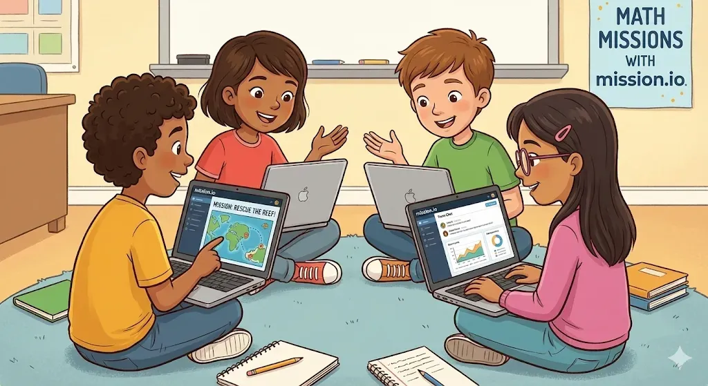 Illustration of four students on a classroom rug working on laptops, one showing a Rescue the Reef Mission, beside a Math Missions poster.