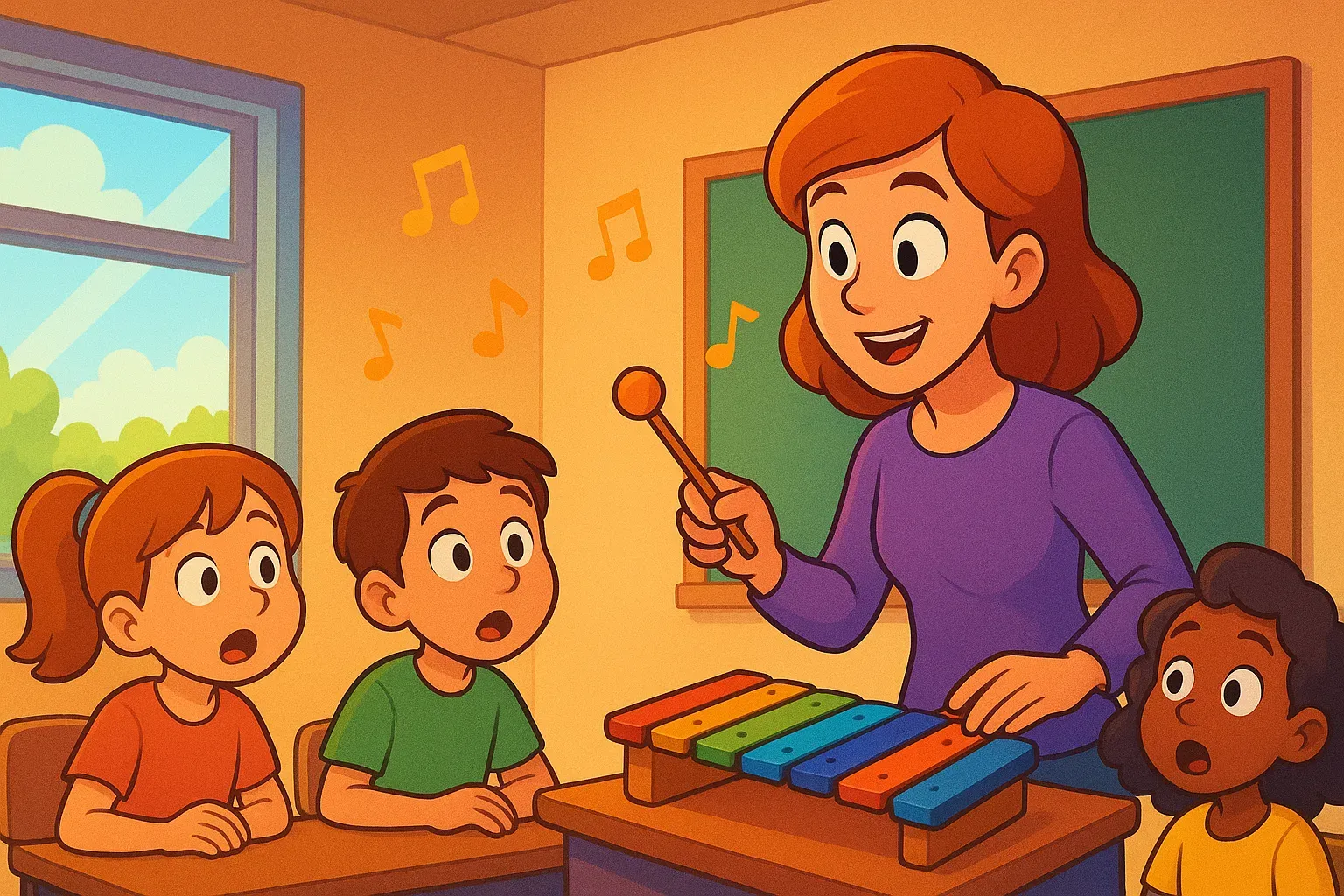 students surrounding a teacher playing a xylophone with floating music notes in the air