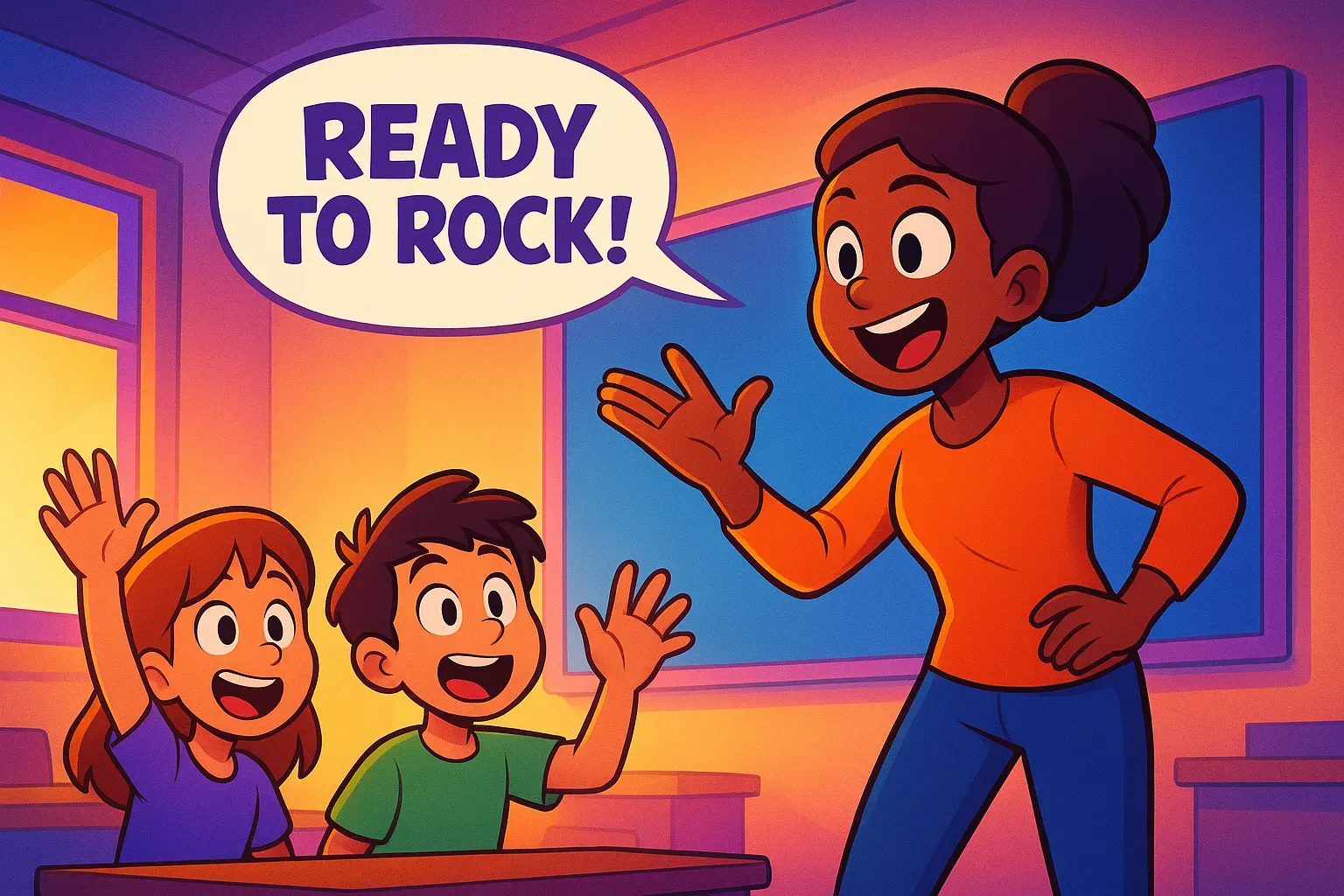 a teacher in front of two students with the speech bubble “Ready to rock!”