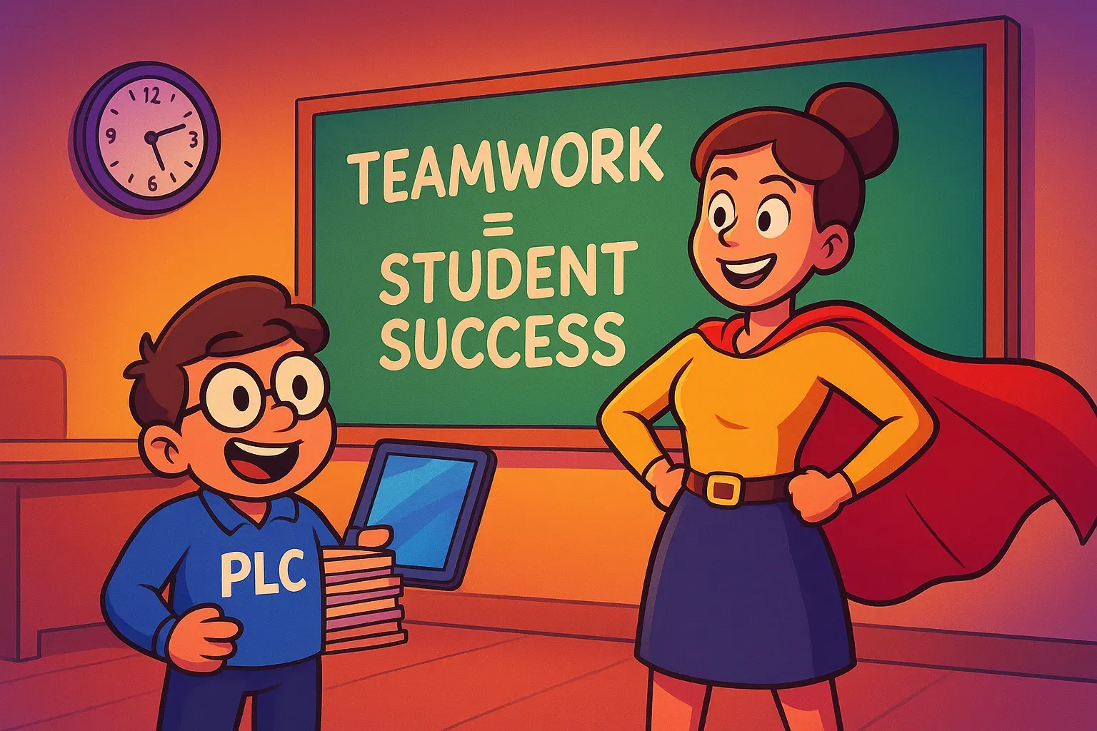 Illustration of a teacher in a superhero cape beside a colleague in a PLC shirt, under a chalkboard reading Teamwork = Student Success.
