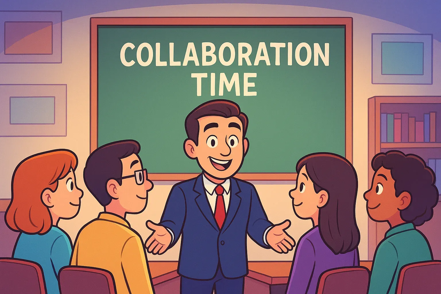 Illustration of a school leader presenting Collaboration Time on a chalkboard to a group of smiling teachers.
