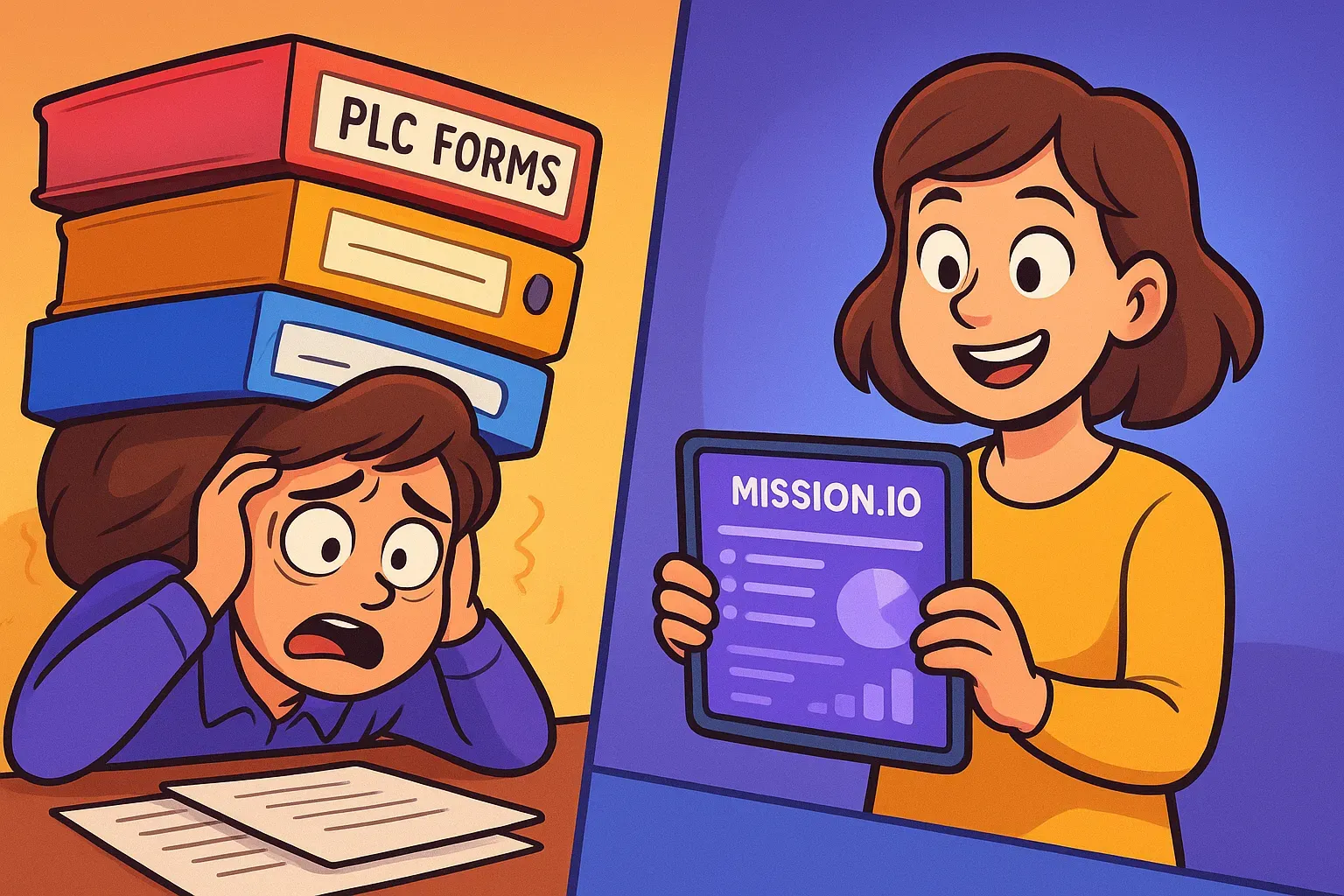 Split illustration of a stressed teacher buried under binders of PLC forms beside a smiling teacher holding a tablet showing Mission.io data.