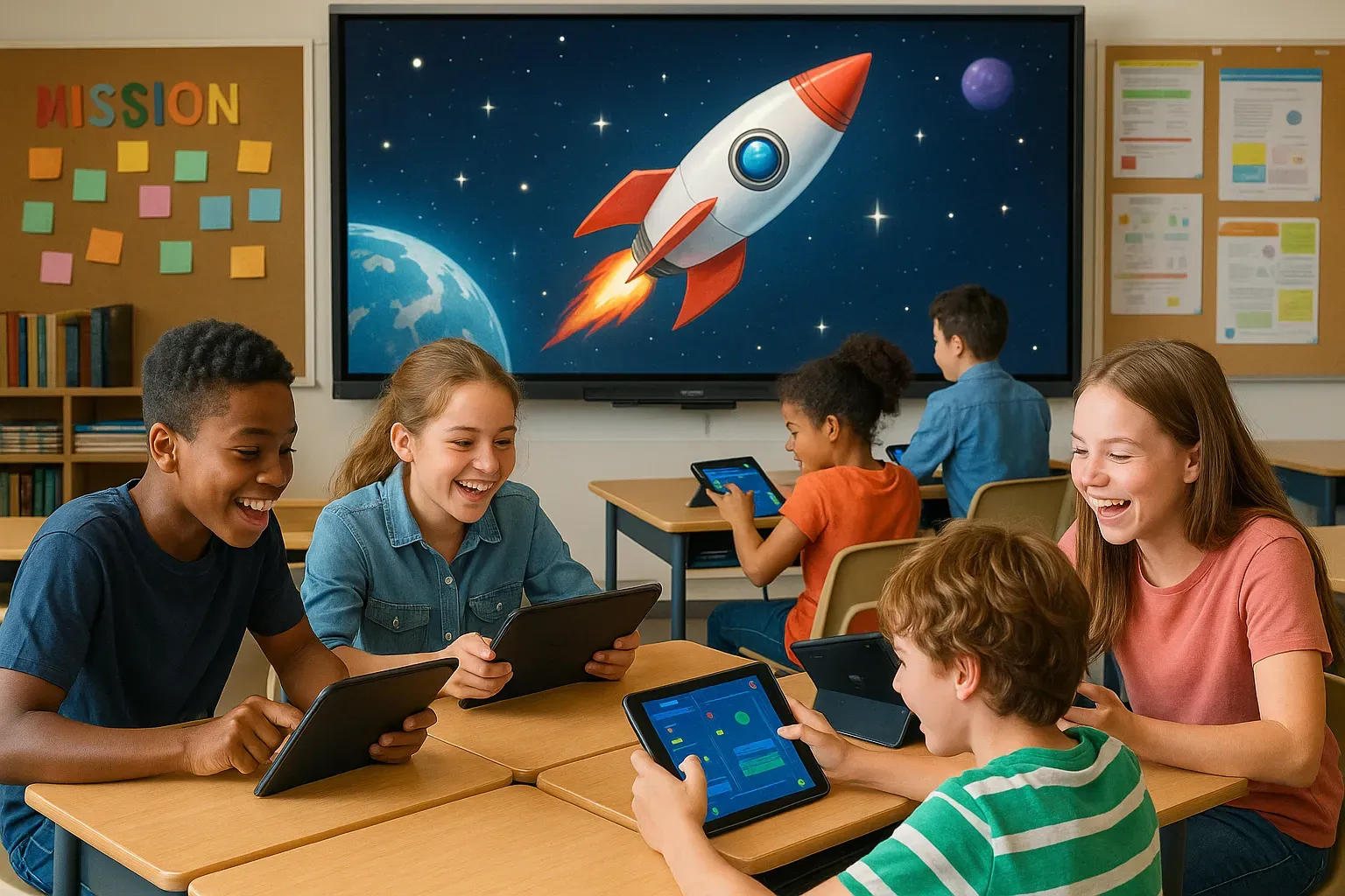 Smiling students work on tablets at shared classroom tables, with a rocket launching past Earth on the screen behind them.