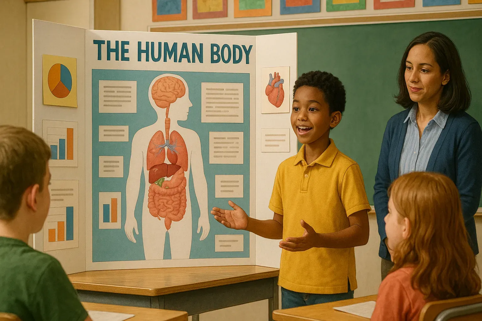 A student stands confidently in front of a classroom, presenting a detailed trifold poster titled “The Human Body.” A teacher and fellow students watch attentively as he explains the various organs and diagrams shown on the board.