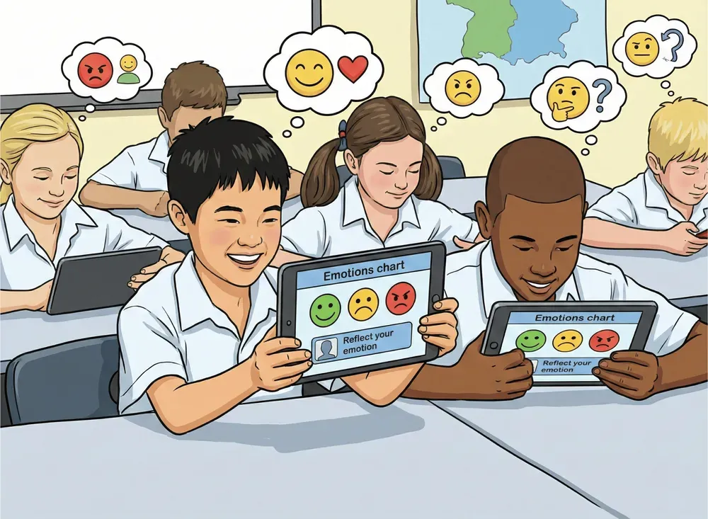 Diverse students in a classroom use tablets displaying an “Emotions Chart” with green, yellow, and red smiley faces. Thought bubbles above the students show various emojis, illustrating the use of digital tools for emotional self-reflection and check-ins.