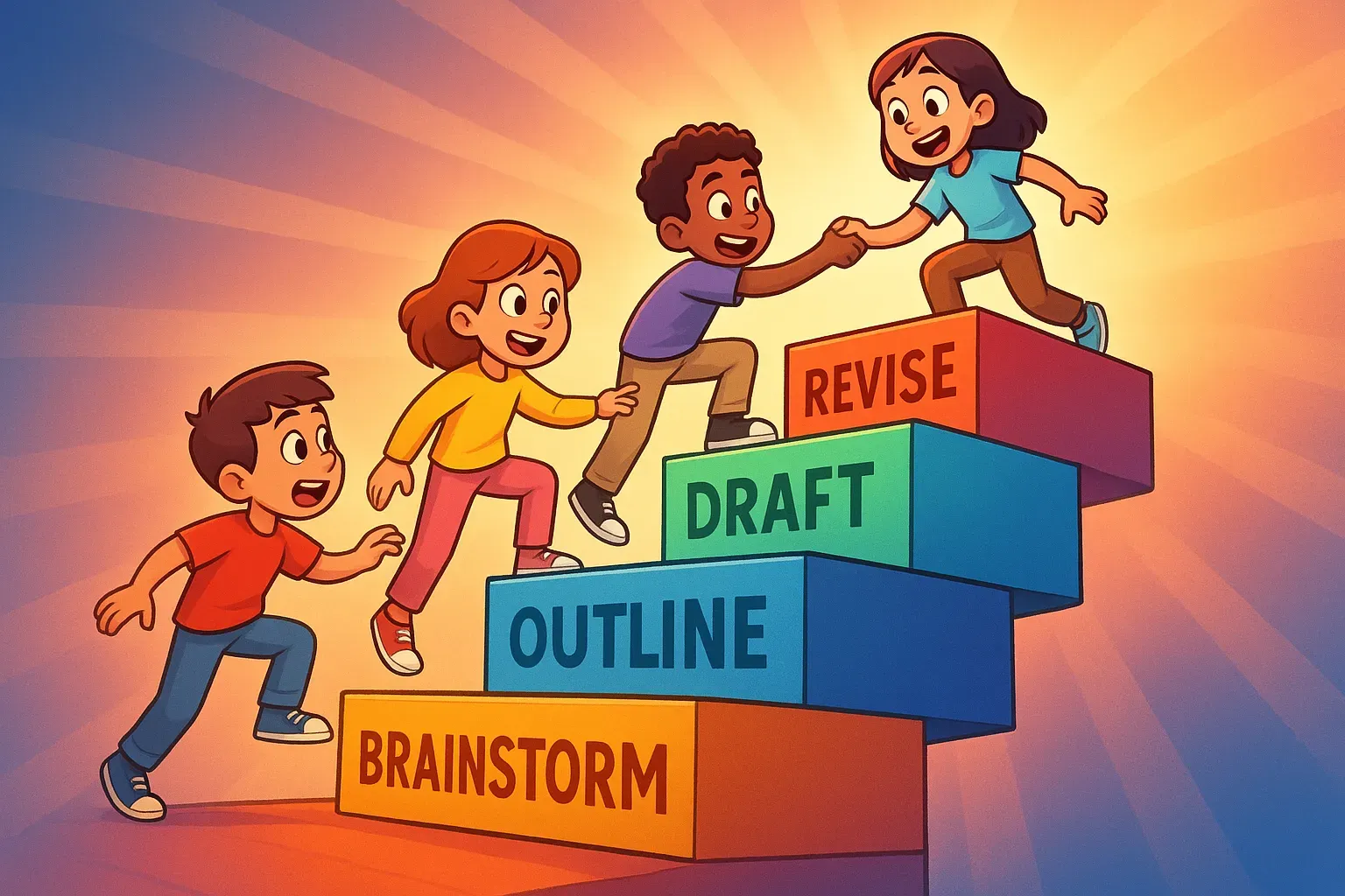 Illustration of students helping each other up steps labeled Brainstorm, Outline, Draft, and Revise, scaffolding the writing process.