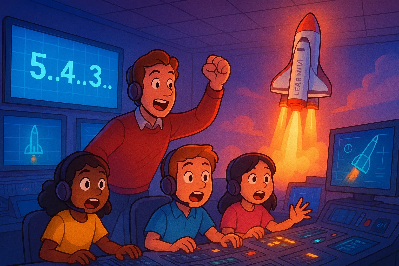 Illustration of a teacher cheering with students in headsets at a mission control console as a countdown runs and a rocket launches.