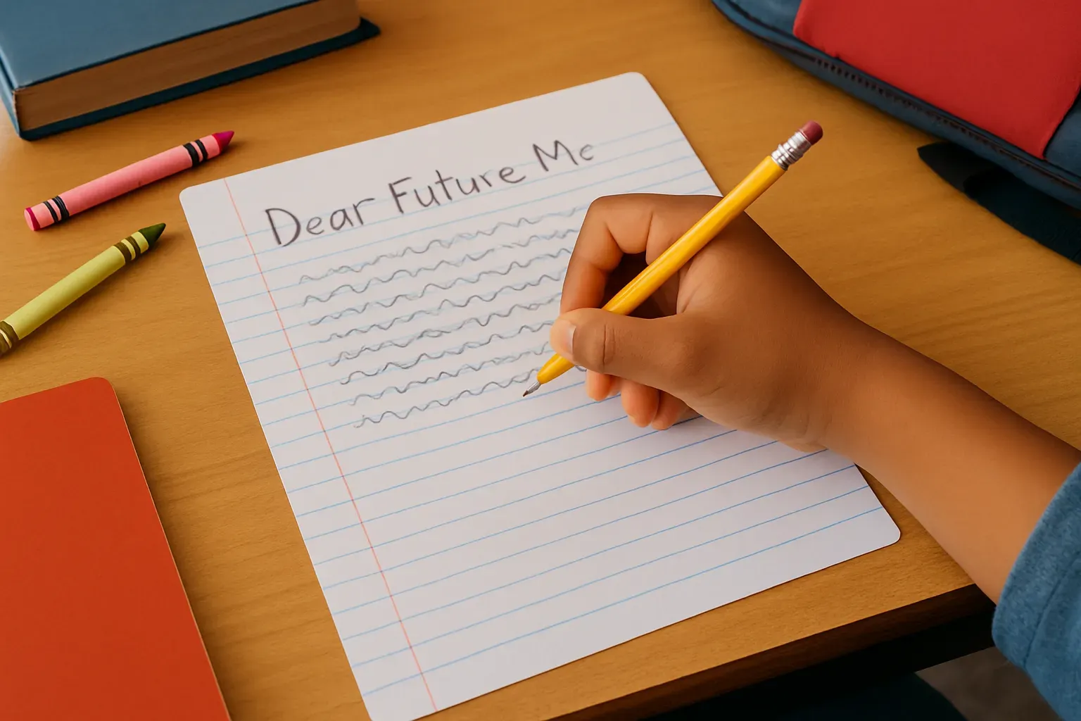 a bird’s eye view of a paper titled “Dear Future Me” with a hand holding a pencil writing down scribbles