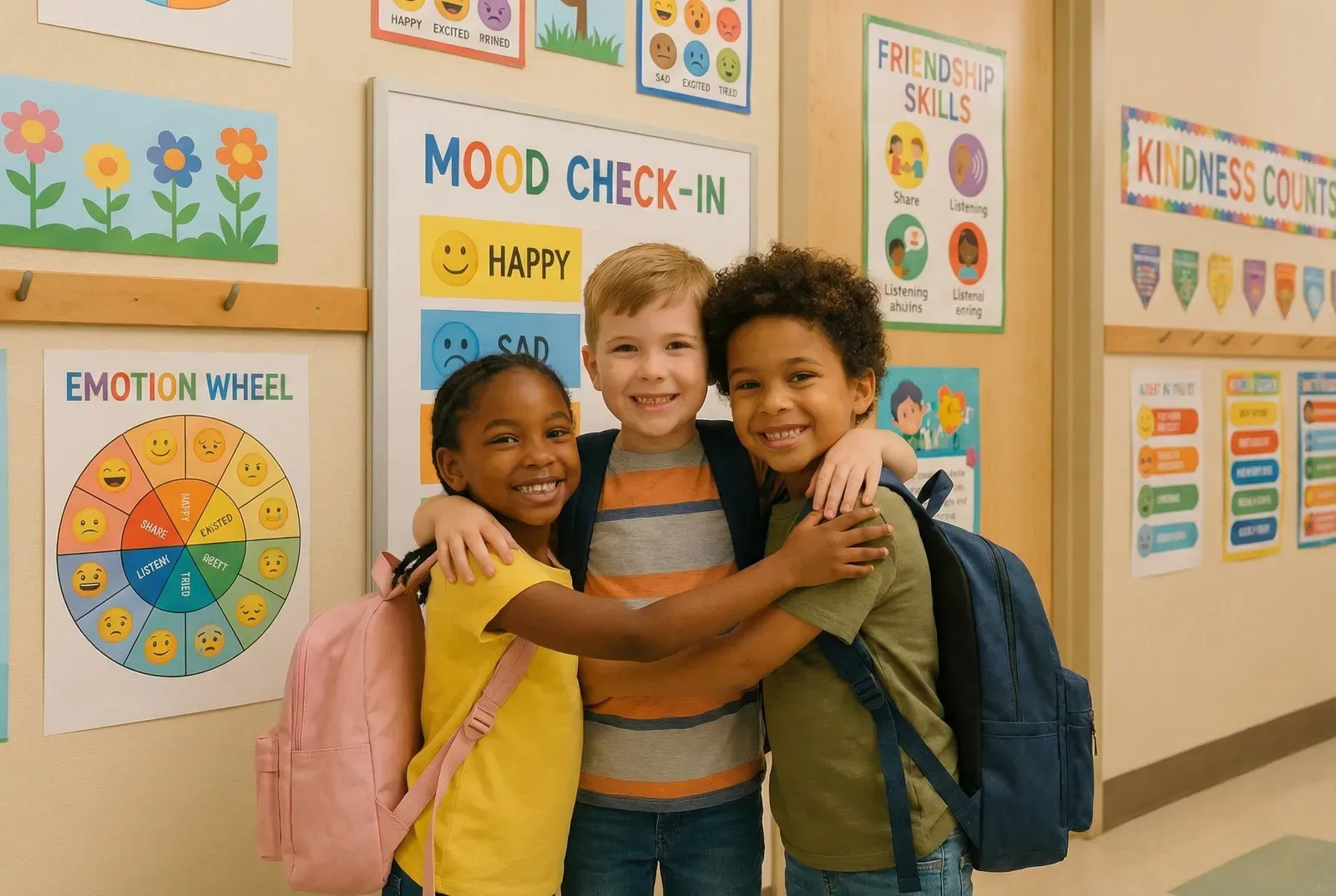 three students hugging each other in front of SEL wall