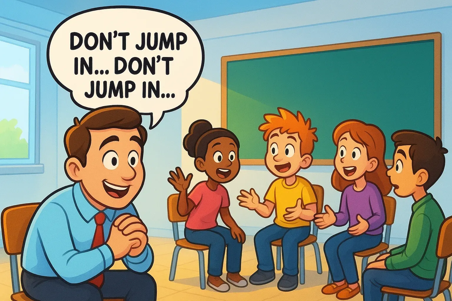 Cartoon teacher sitting outside a student discussion circle, telling himself don’t jump in, as students lead the Socratic seminar.