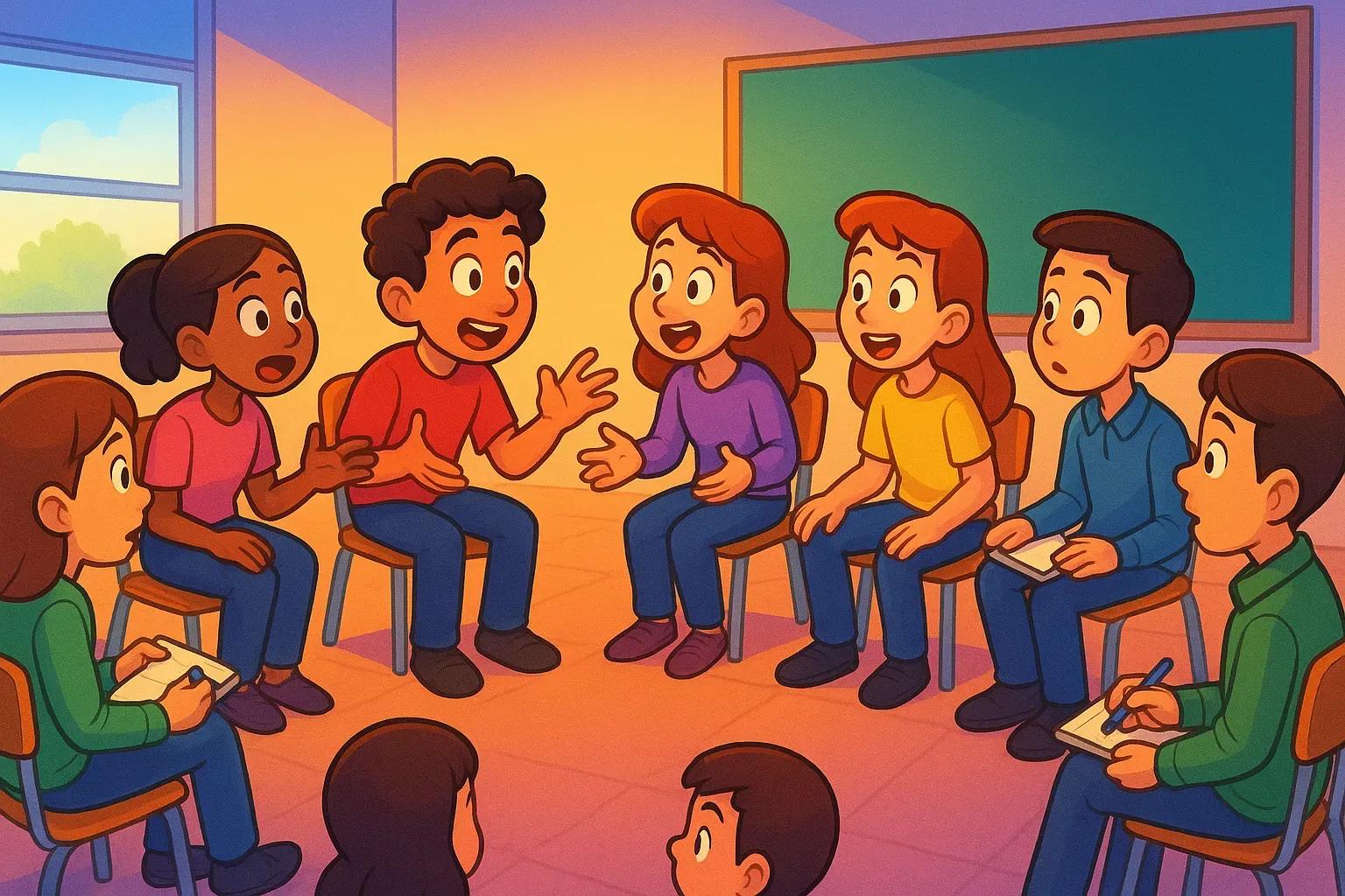 Illustration of students seated in a circle of chairs, talking and taking notes during a student-led Socratic seminar.