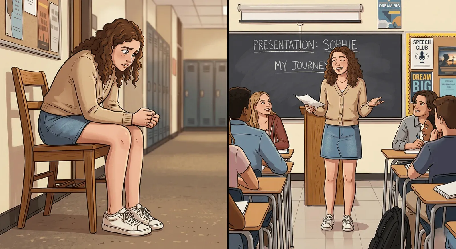 split screen. on the left, a curly haired student is nervously sitting in a school hallway. on the right, she is confidently presenting in front of a class of attentive and smiling peers