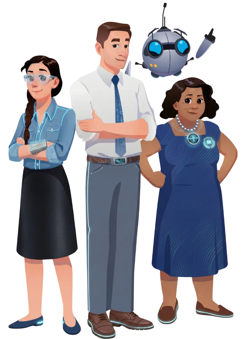 Three illustrated Mission.io teachers, arms crossed and grinning, one wearing glowing pins on her dress, with RALF the robot hovering beside them.