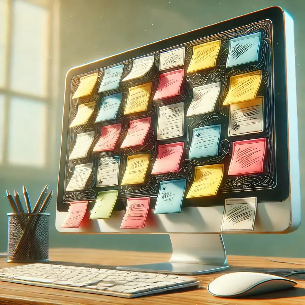 A computer monitor on a wooden desk is covered in colorful sticky notes, with a keyboard, a mouse, and a cup of pencils beside it.
