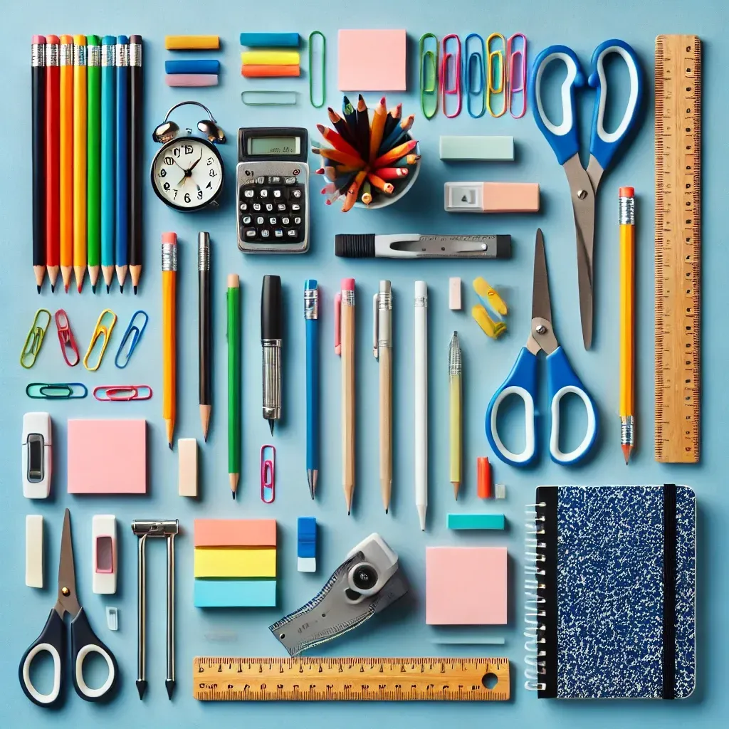 School supplies laid out in neat rows on a light blue background, including pencils, scissors, paper clips, sticky notes, a ruler, a calculator, an alarm clock, and a notebook.