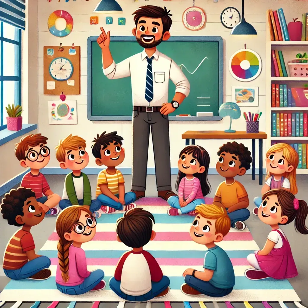 A smiling teacher stands and raises one finger at the front of a classroom while ten children sit on a striped rug and look up at him.