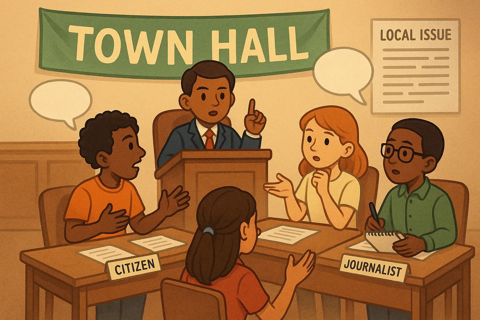 Students role-playing a town hall meeting about a local issue, with one student speaking from the podium and others seated at desks labeled Citizen and Journalist.