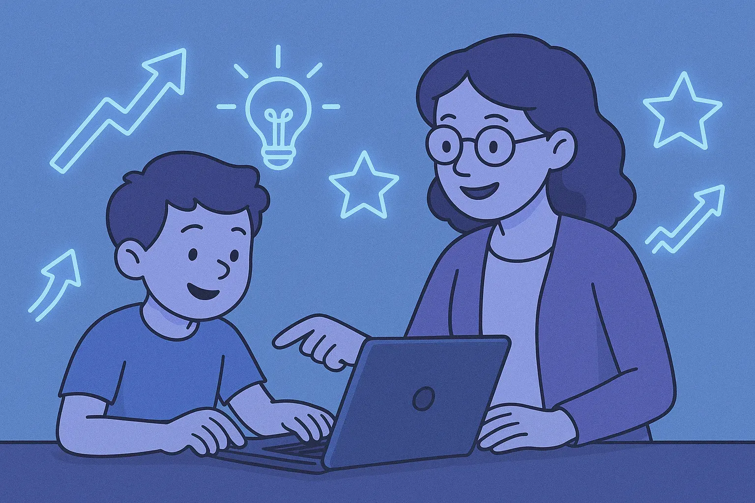 Illustration of a teacher pointing at a laptop screen as a student types, surrounded by glowing arrows, stars, and a lightbulb.