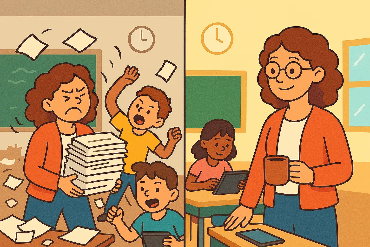 Split illustration of a teacher overwhelmed by paper stacks and a chaotic class beside the same teacher calm with coffee while students use tablets.