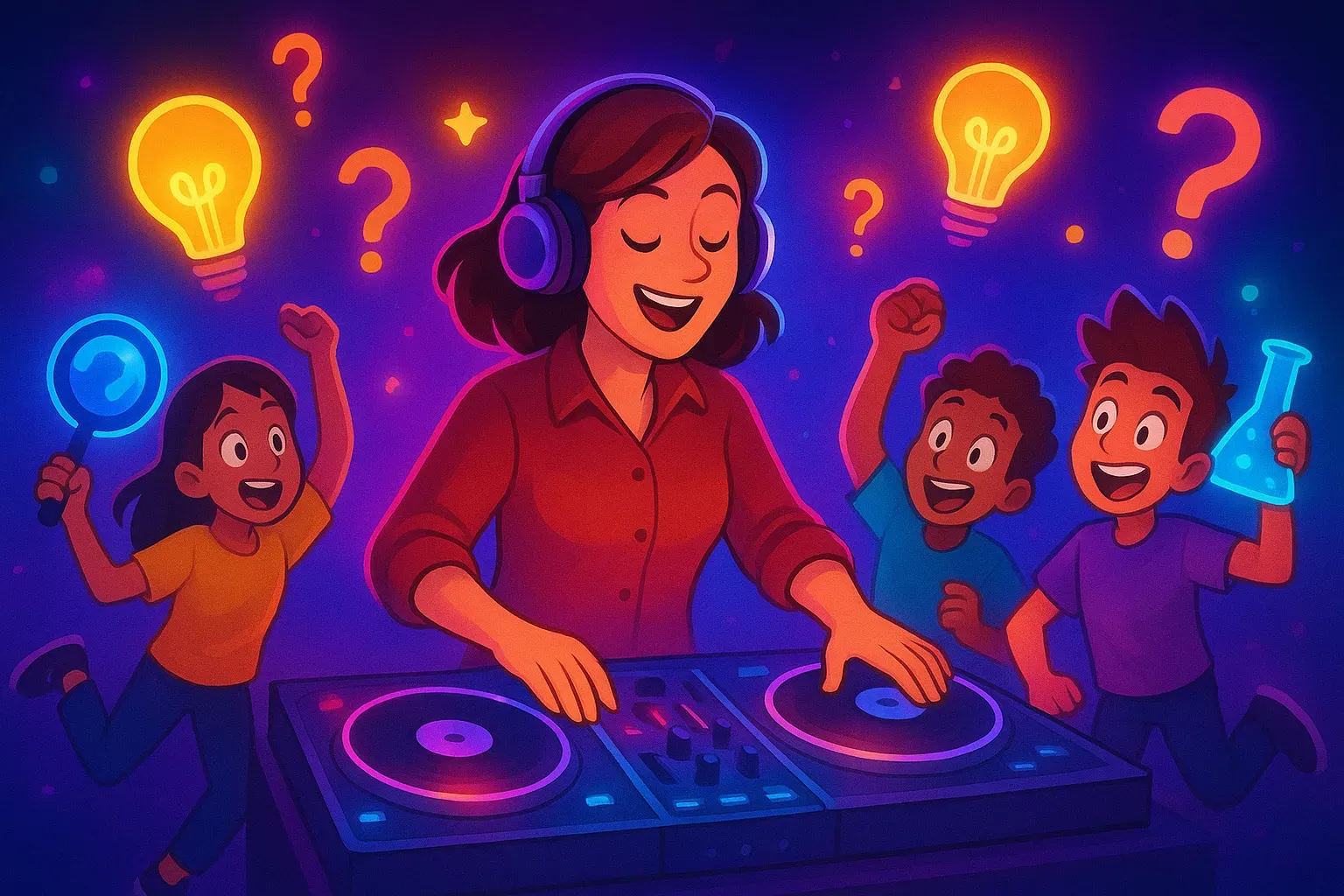 Illustration of a teacher in headphones at DJ turntables while excited students dance with a magnifying glass and flask under glowing lightbulbs.