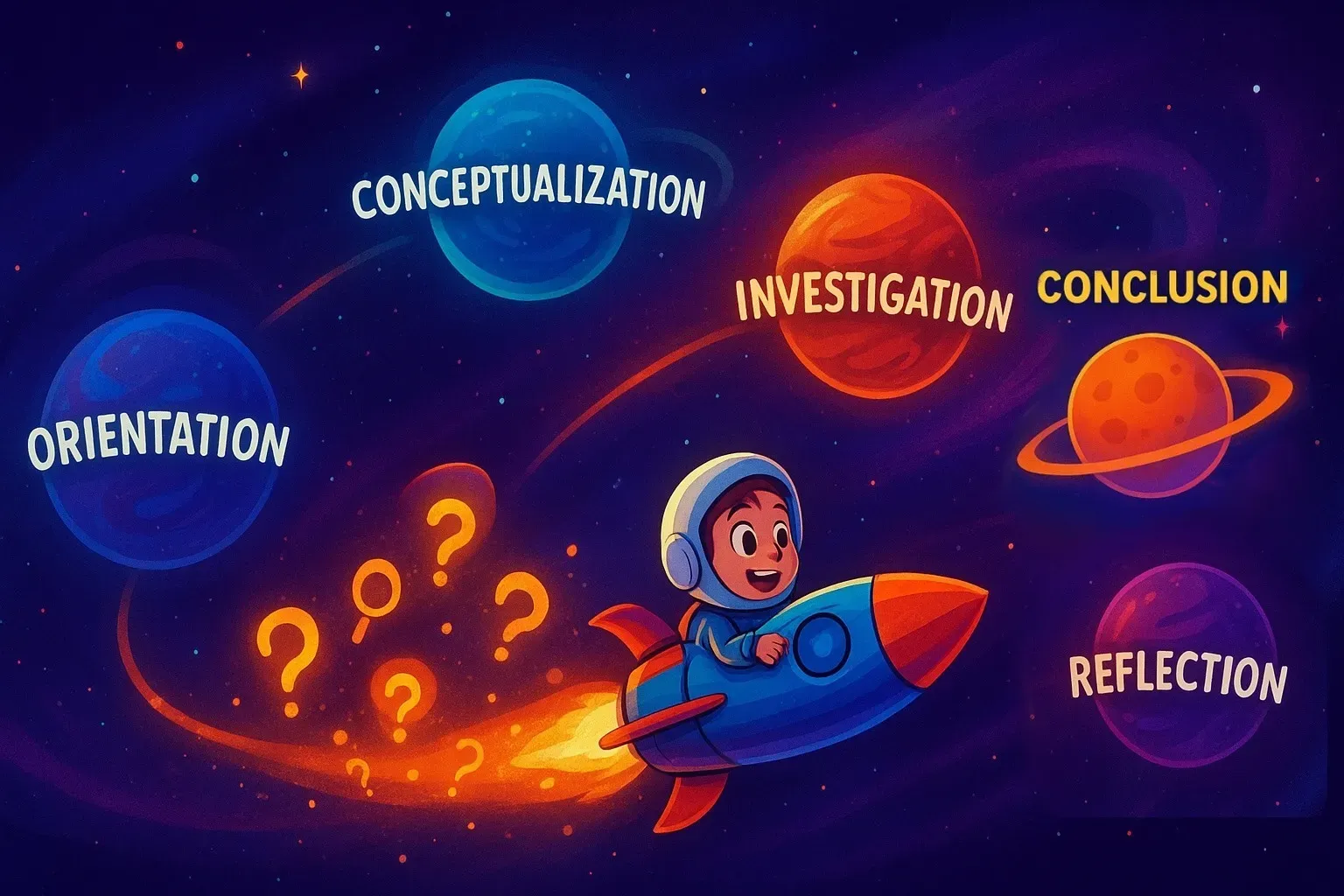 Illustration of a student astronaut on a rocket passing planets labeled Orientation, Conceptualization, Investigation, Conclusion, and Reflection, the phases of inquiry.