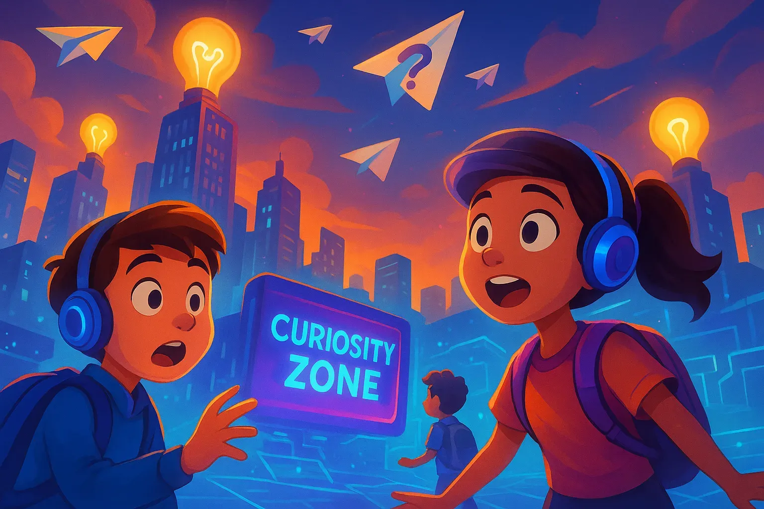Illustration of two students in headphones staring at a glowing Curiosity Zone sign in a city of lightbulb towers and paper airplanes.