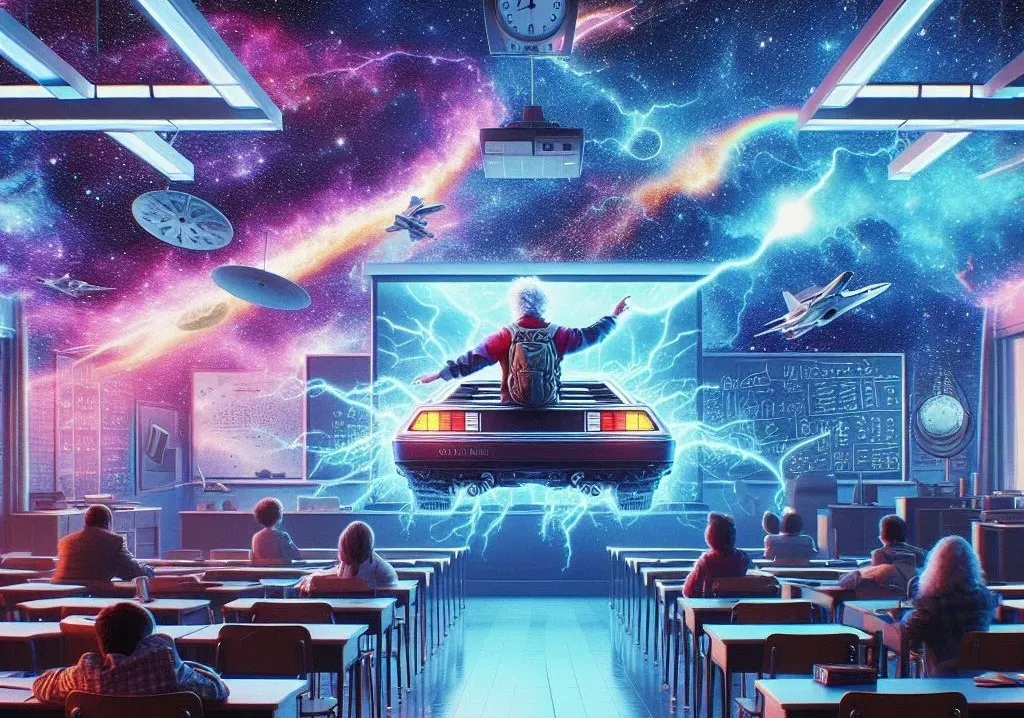 Digital illustration of a car crackling with lightning as it bursts out of a classroom screen into a galaxy-filled room of students.