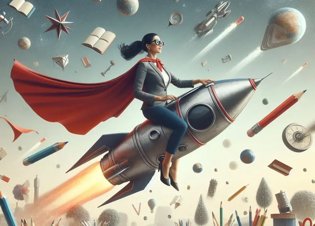 Digital illustration of a teacher in a red cape riding a silver rocket through the sky among flying pencils, books, and planets.