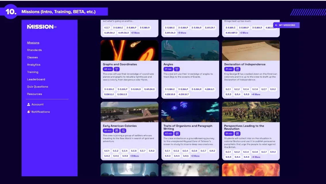 Screenshot of the Mission library with cards for Missions such as Graphs and Coordinates, Angles, Declaration of Independence, and Early American Colonies.