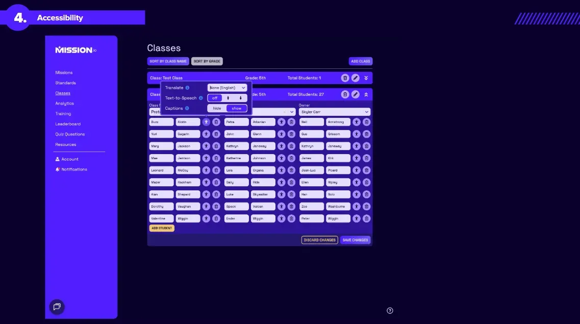 Screenshot of the Classes page with accessibility settings for translation, text to speech, and captions open above a class roster.