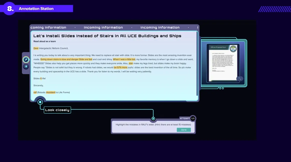 Screenshot of the Annotation Station, where students highlight the mistakes in a robot’s persuasive letter about replacing stairs with slides.