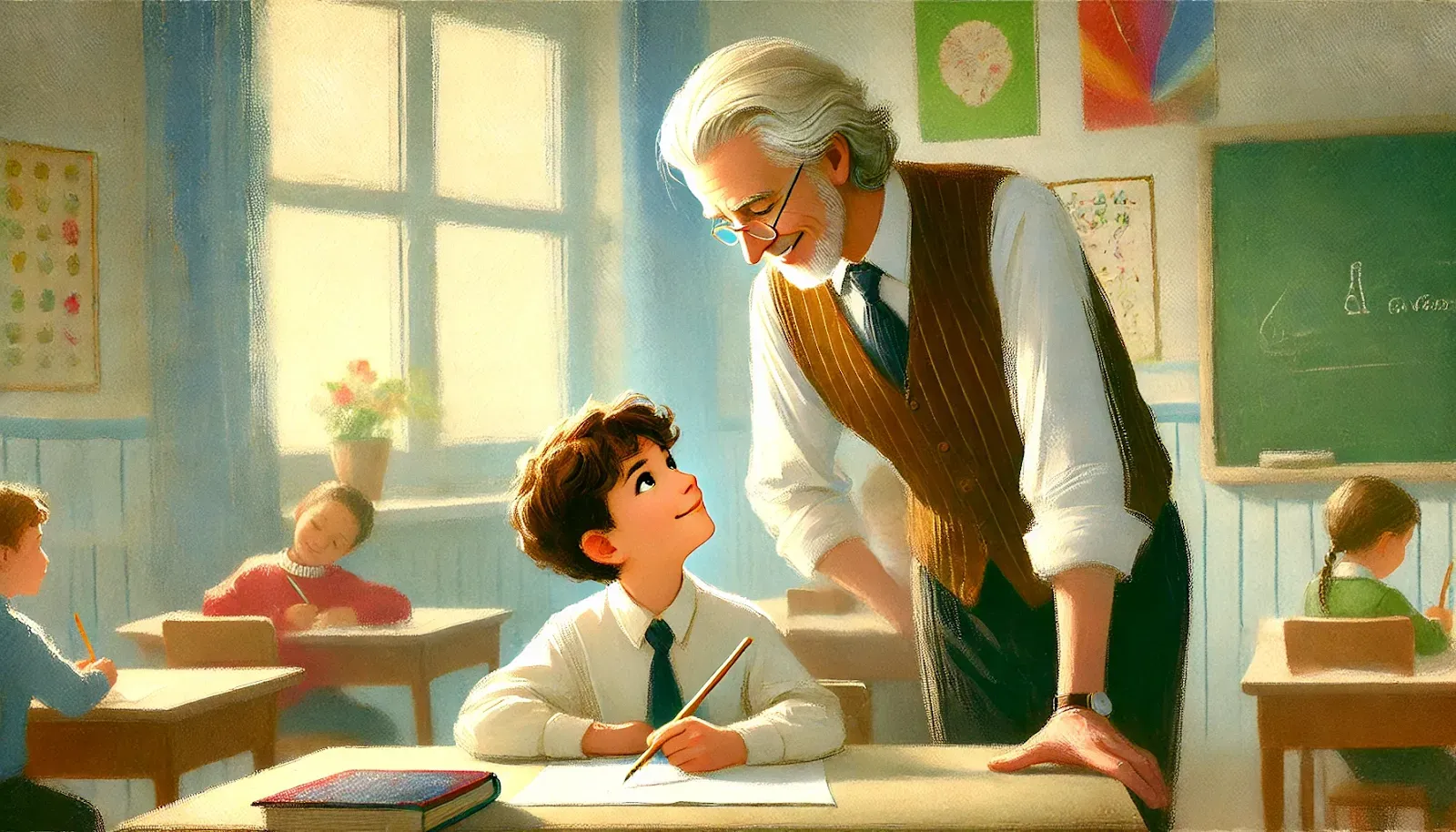 An older teacher in a vest leans over a desk and smiles at a boy who looks up with his pencil.