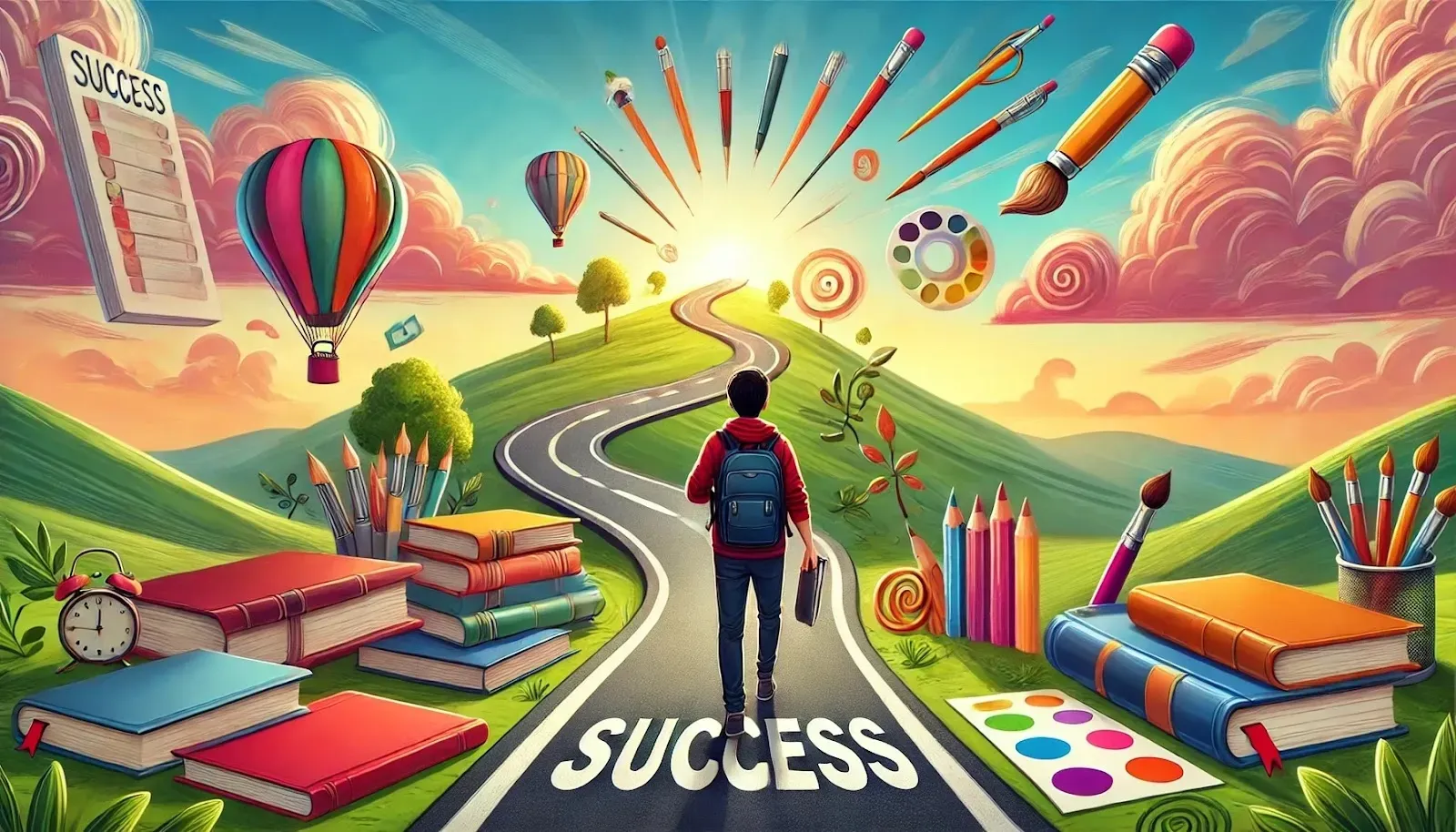 A student with a backpack walks a winding road marked “SUCCESS” toward the sun, past books and art supplies.