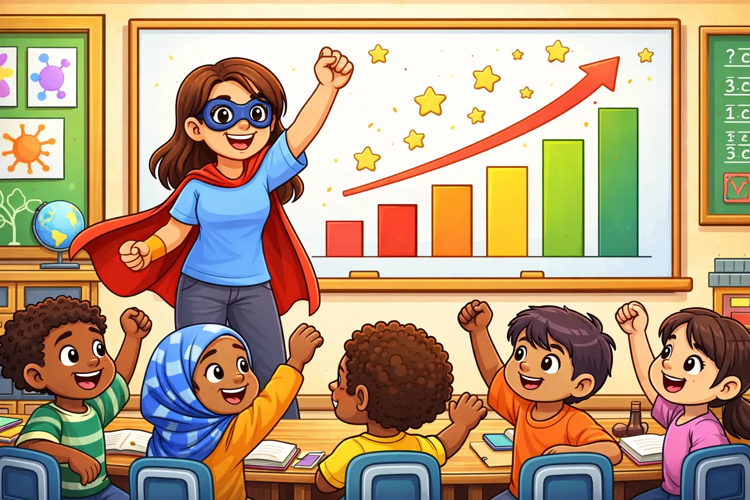 a superhero teacher and her students pumping their fists in the air with excitement over positive classroom progress (represented in colorful bar graph)