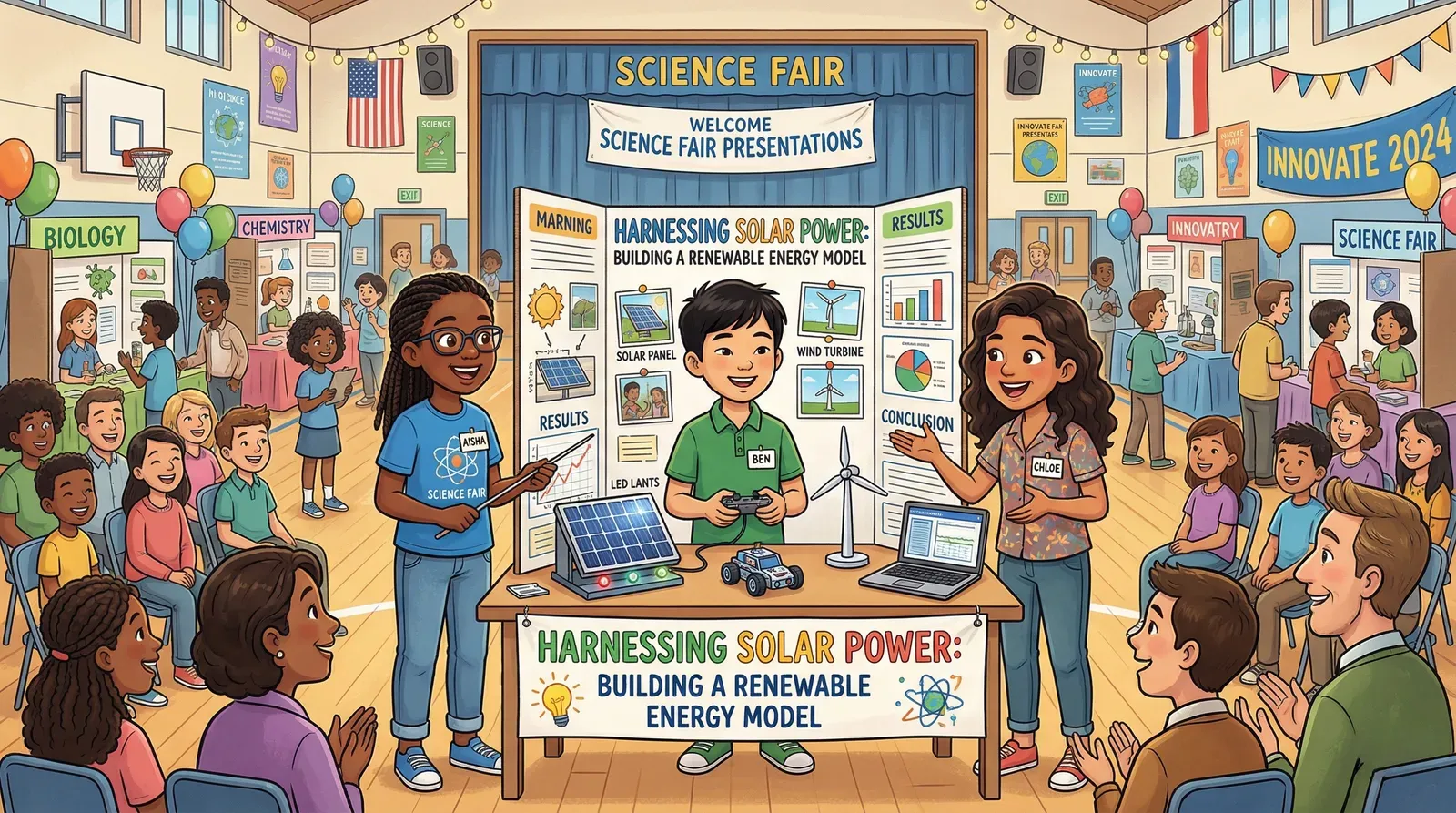 three students giving a science fair presentation on harnessing solar power