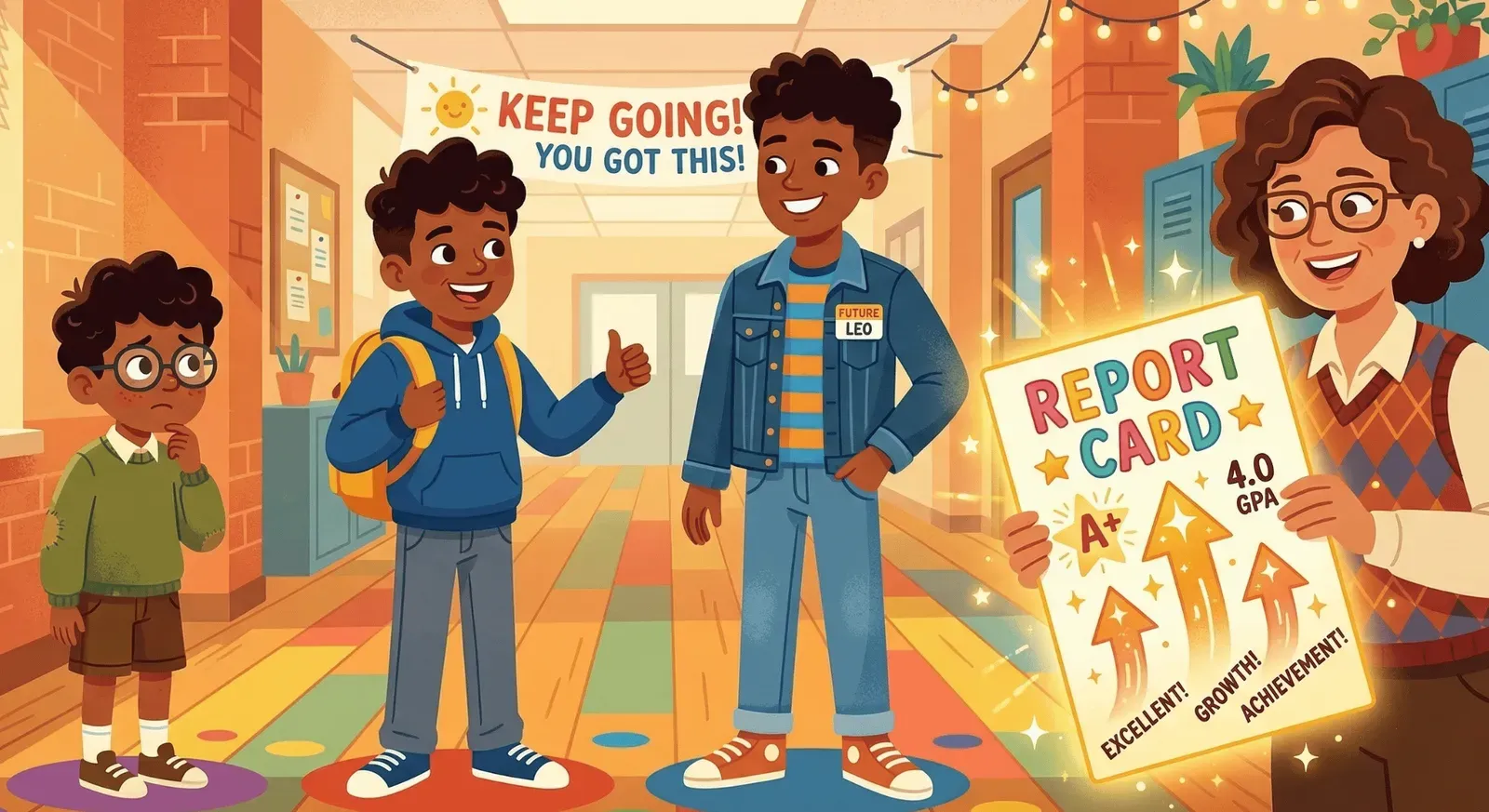 a young boy’s progression shown through his past and future selves. his teacher is holding a report card celebrating his growth