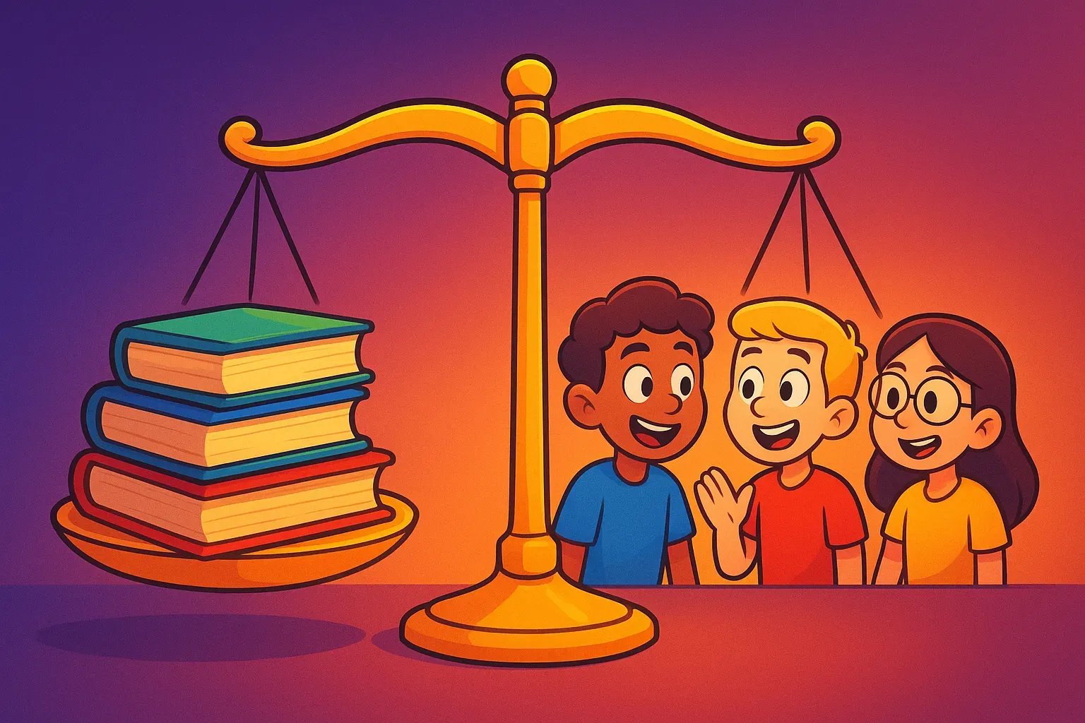 Illustration of a balance scale weighing a stack of books on one side against three talking students on the other.