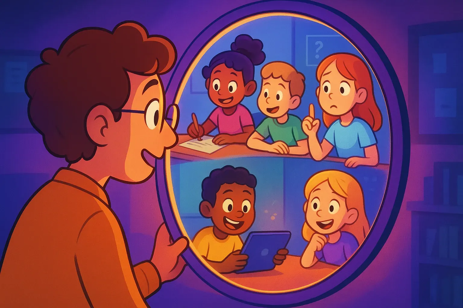 Illustration of a teacher gazing into an oval mirror that reflects students writing, using a tablet, and raising questions.