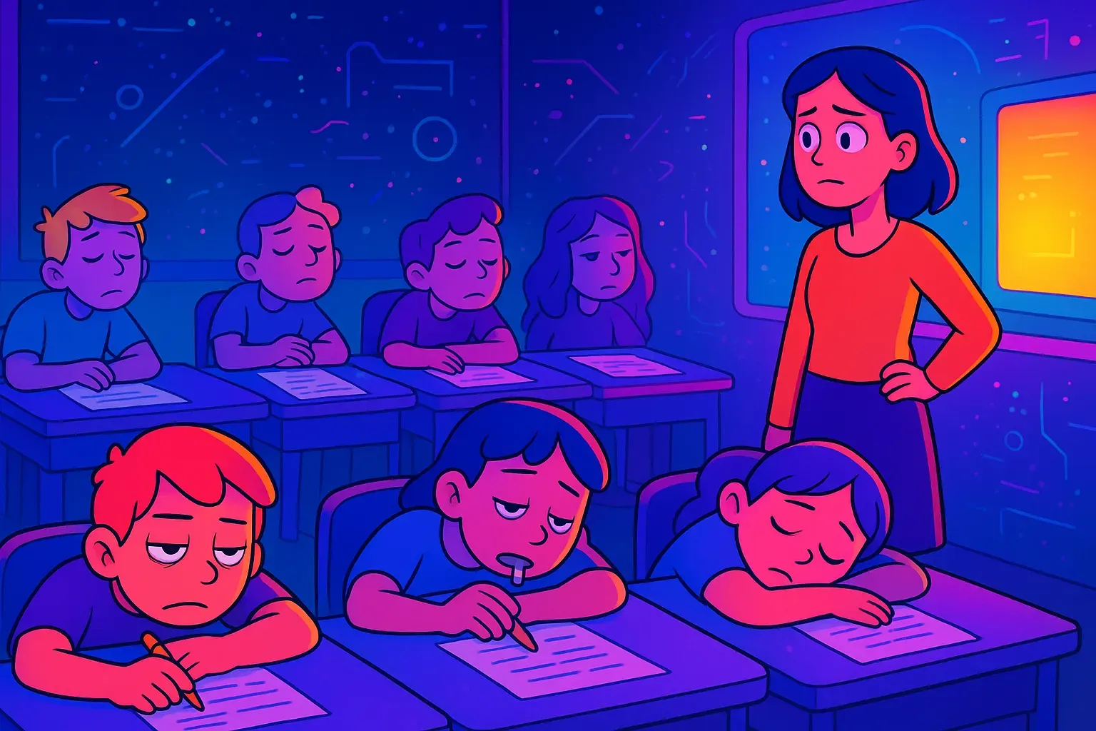Illustration of bored students slumped over worksheets at their desks while a worried teacher looks on in a dim classroom.