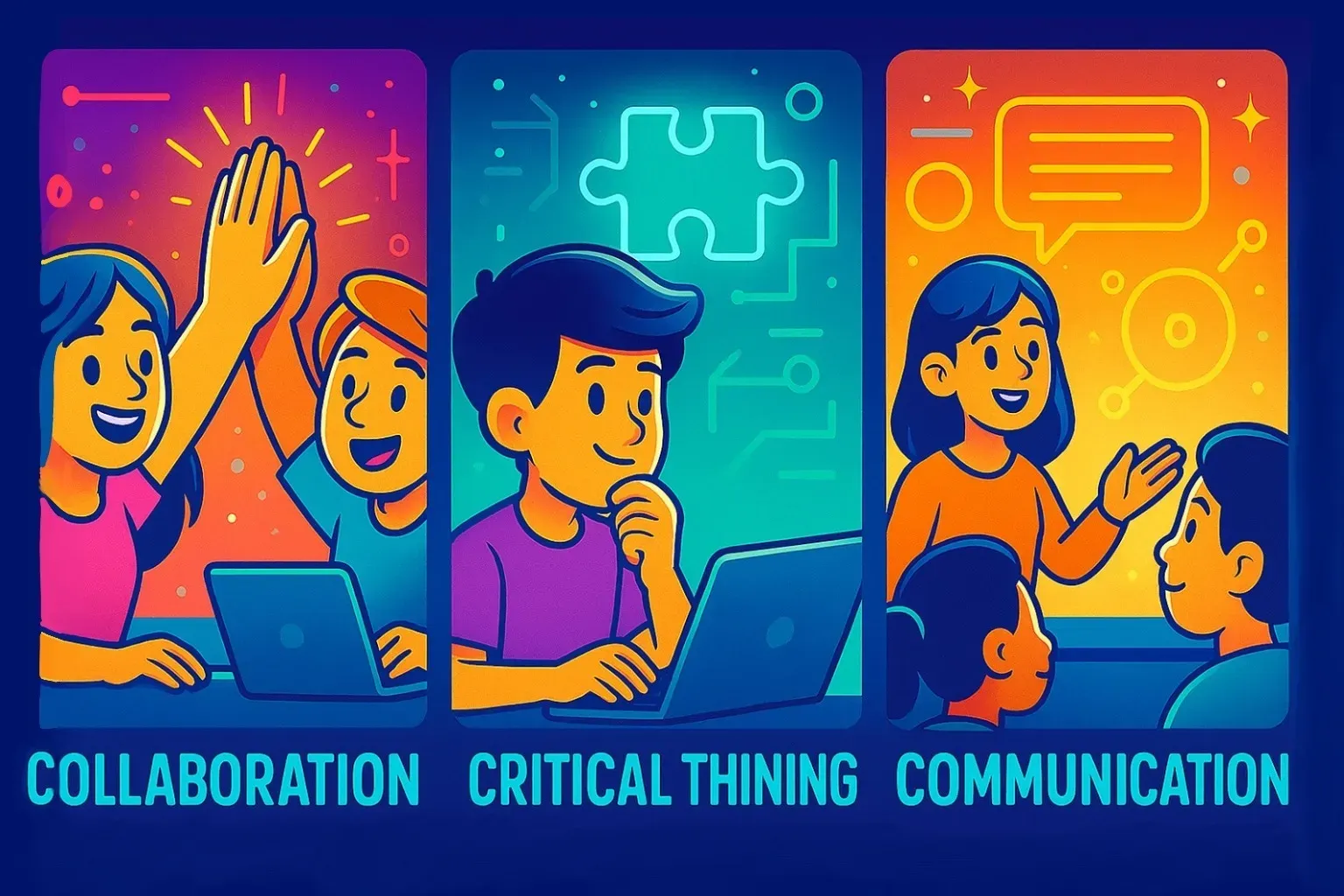 Three illustrated panels labeled Collaboration, Critical Thinking, and Communication, showing students high-fiving, thinking at a laptop, and talking together.