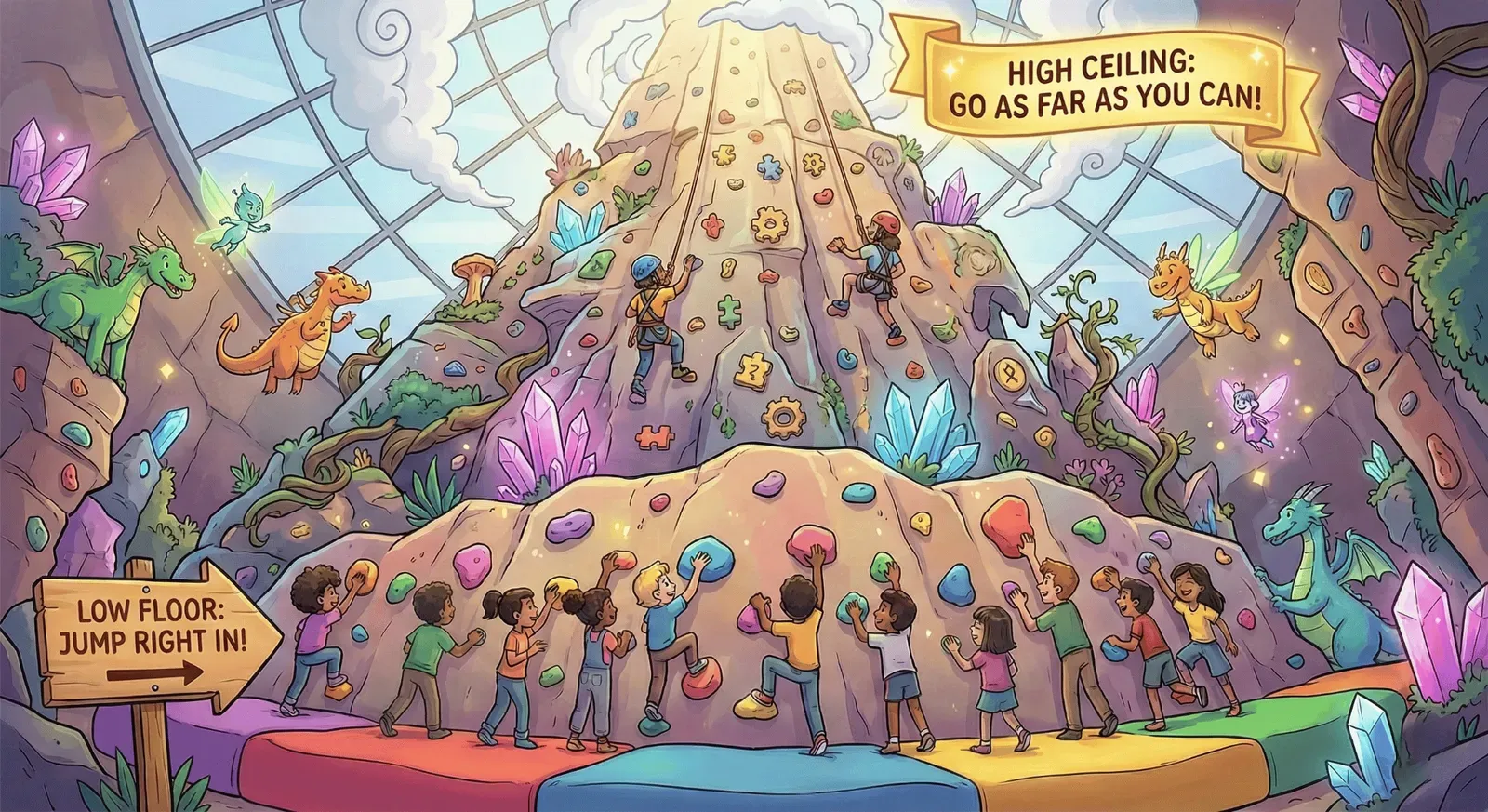 a group of students are standing at the bottom and beginning to climb a tall rock wall. The bottom is labeled “Low Floor” and the top has a banner reading “High Ceiling”