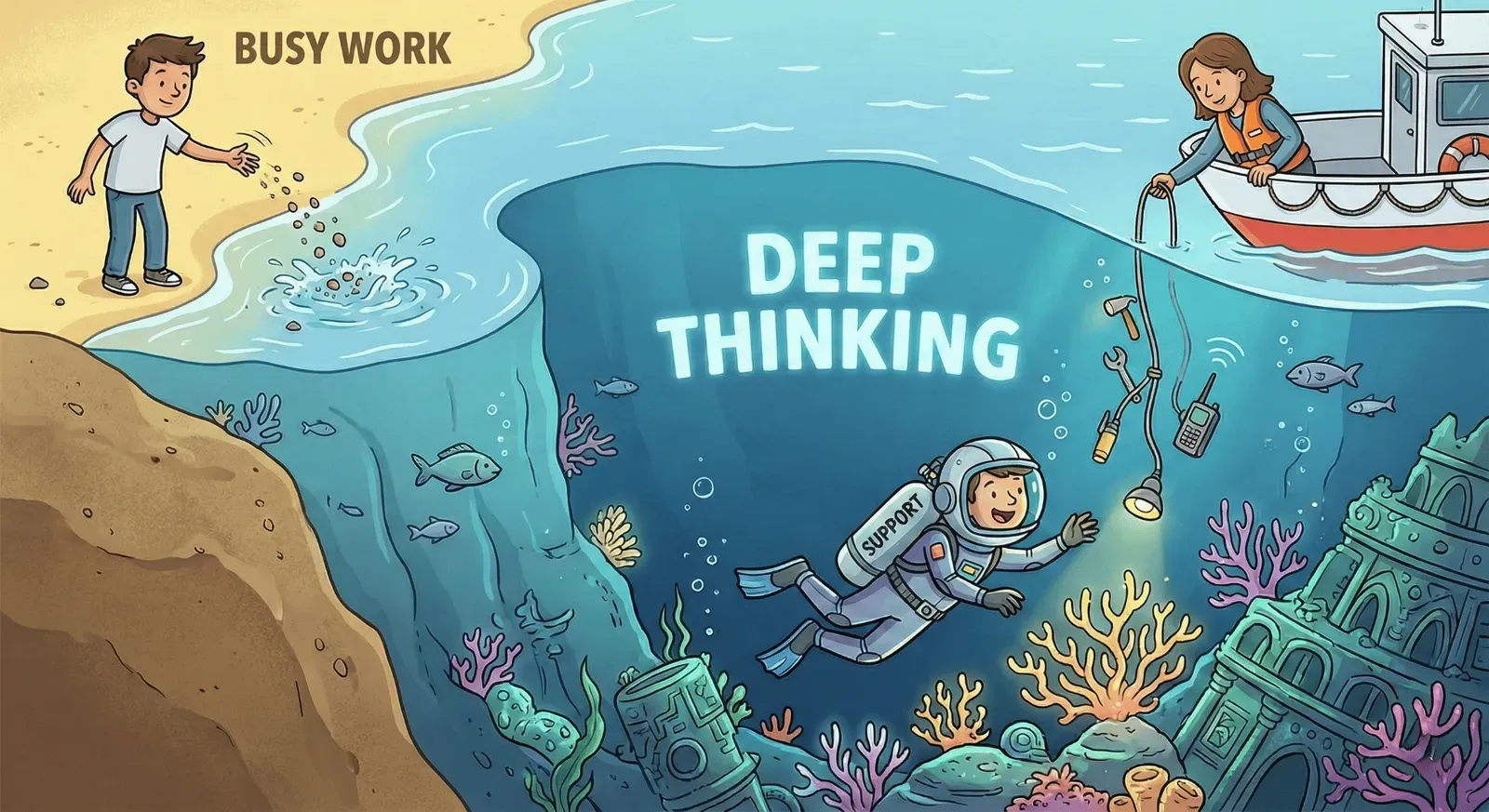 one kid is standing on the shore labeled “Busy Work” throwing pebbles into the ocean. The ocean is labeled “Deep Thinking” and the student there is gleefully scuba diving, supported by his teacher on a boat
