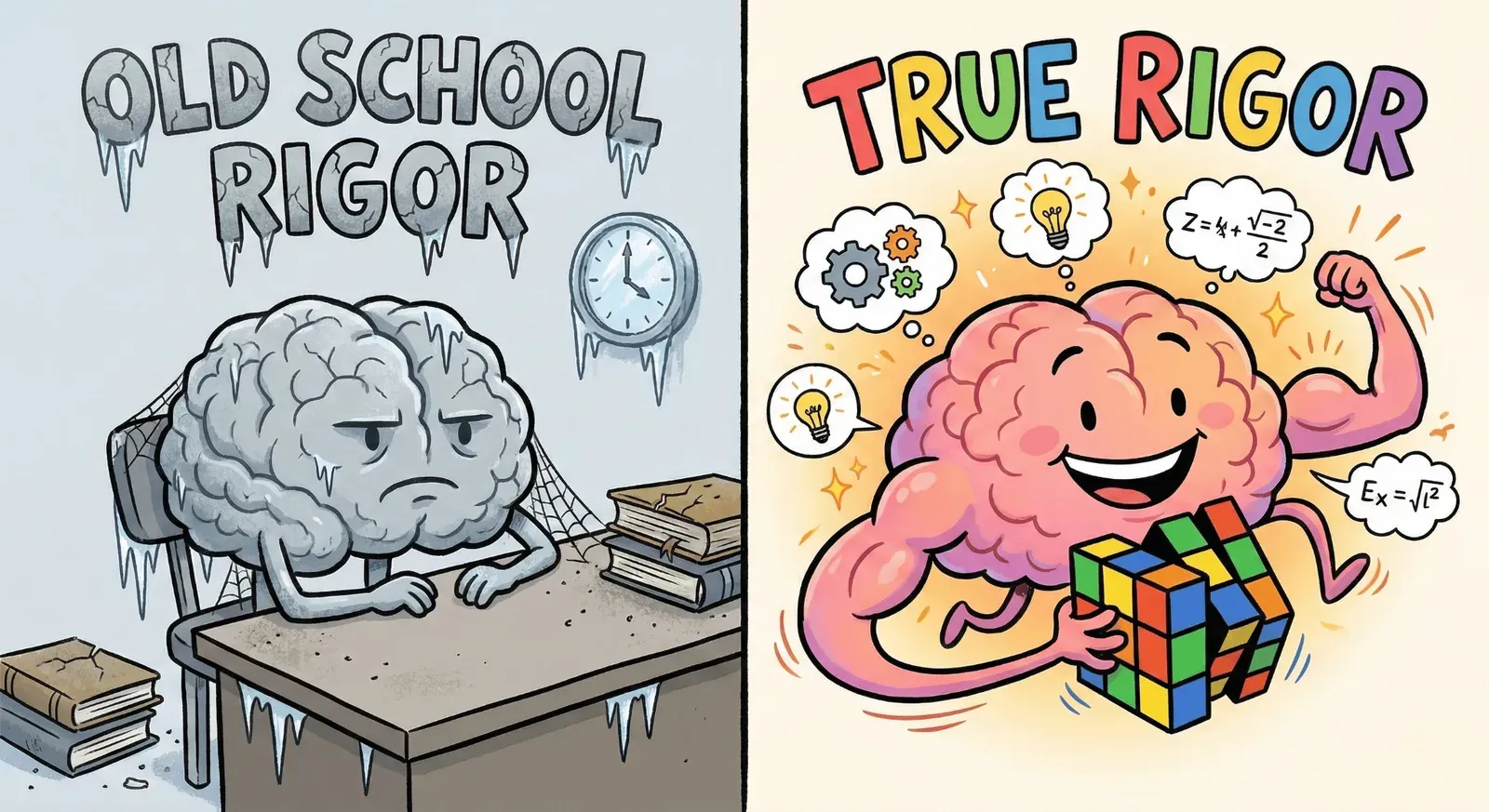 split screen: a grey, cold, upset brain on the left, titled “Old School Rigor.” on the right, a smiling, brightly colored brain with muscles and thought bubbles, titled “True Rigor”